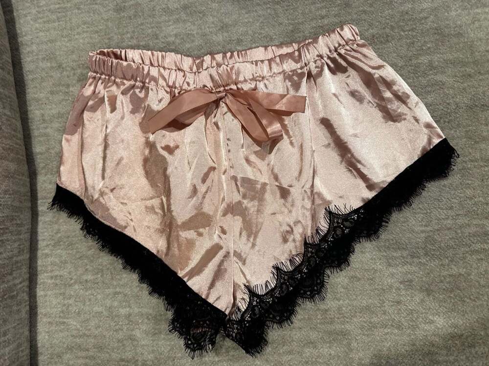 Pink Satin Sleep Shorts with Black Lace Trim